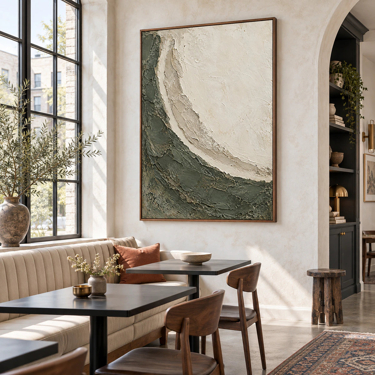 Tidal-Patina anchoring an expansive, sunlit loft hospitality interior.