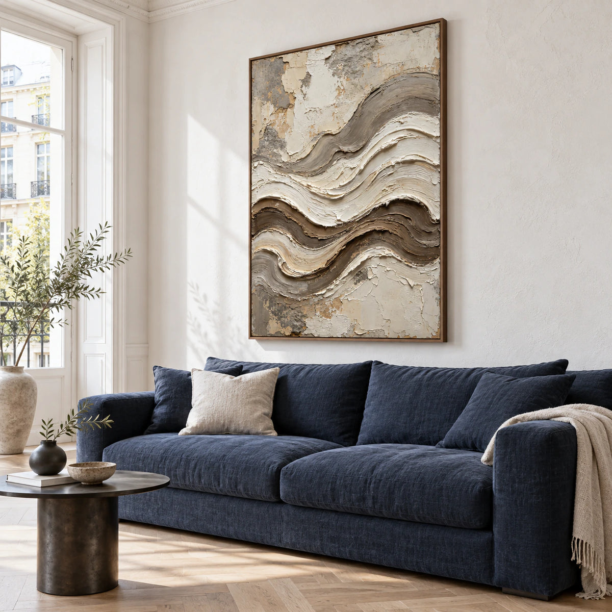 Tidal-Plaster as the focal artwork in a bright contemporary living room.