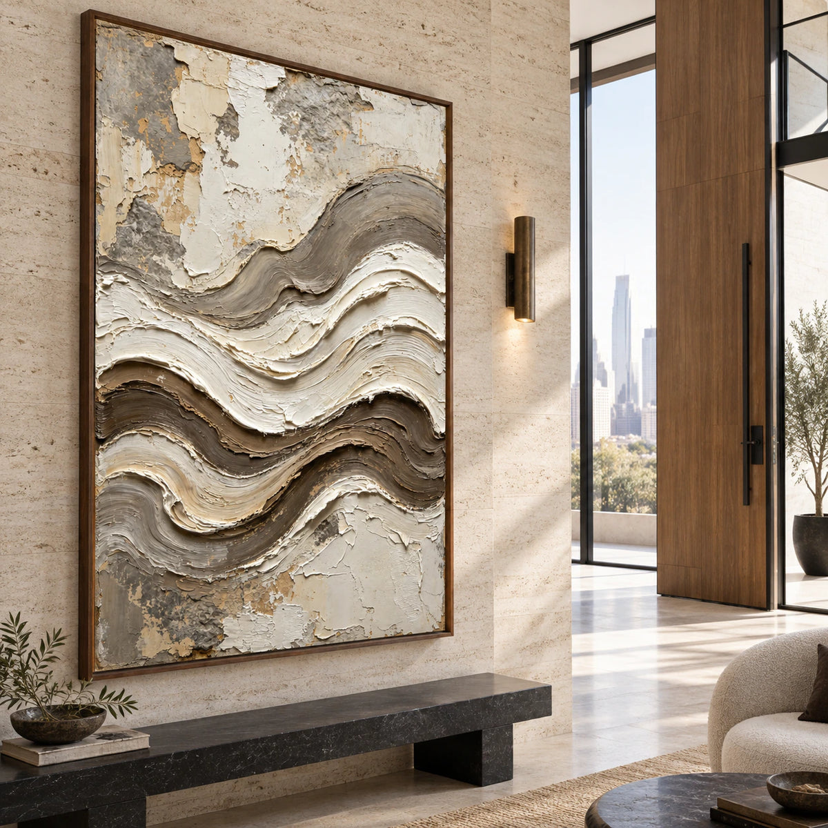 Tidal-Plaster presented at gallery scale in a bright sculptural foyer.