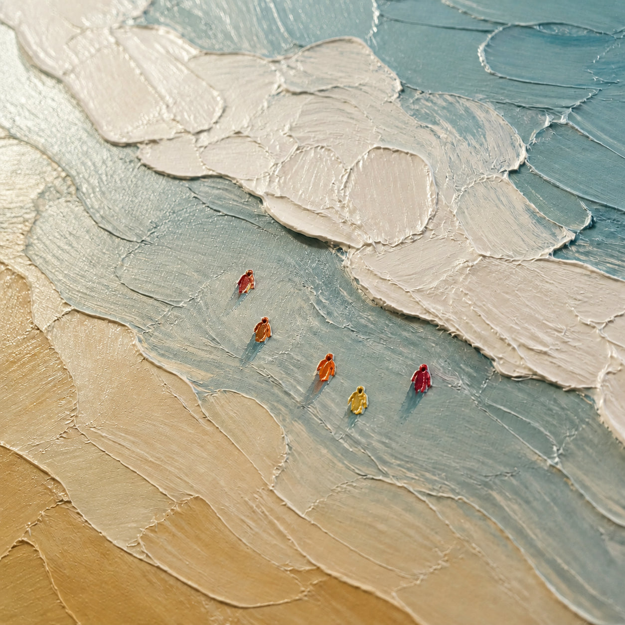 Tidal-Procession oil painting brushwork and impasto detail photographed from an oblique side angle