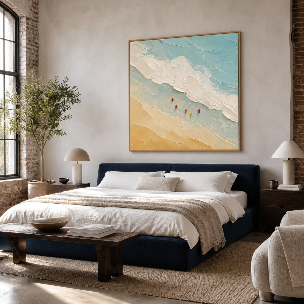Tidal-Procession as the focal artwork in a quiet, softly lit bedroom.
