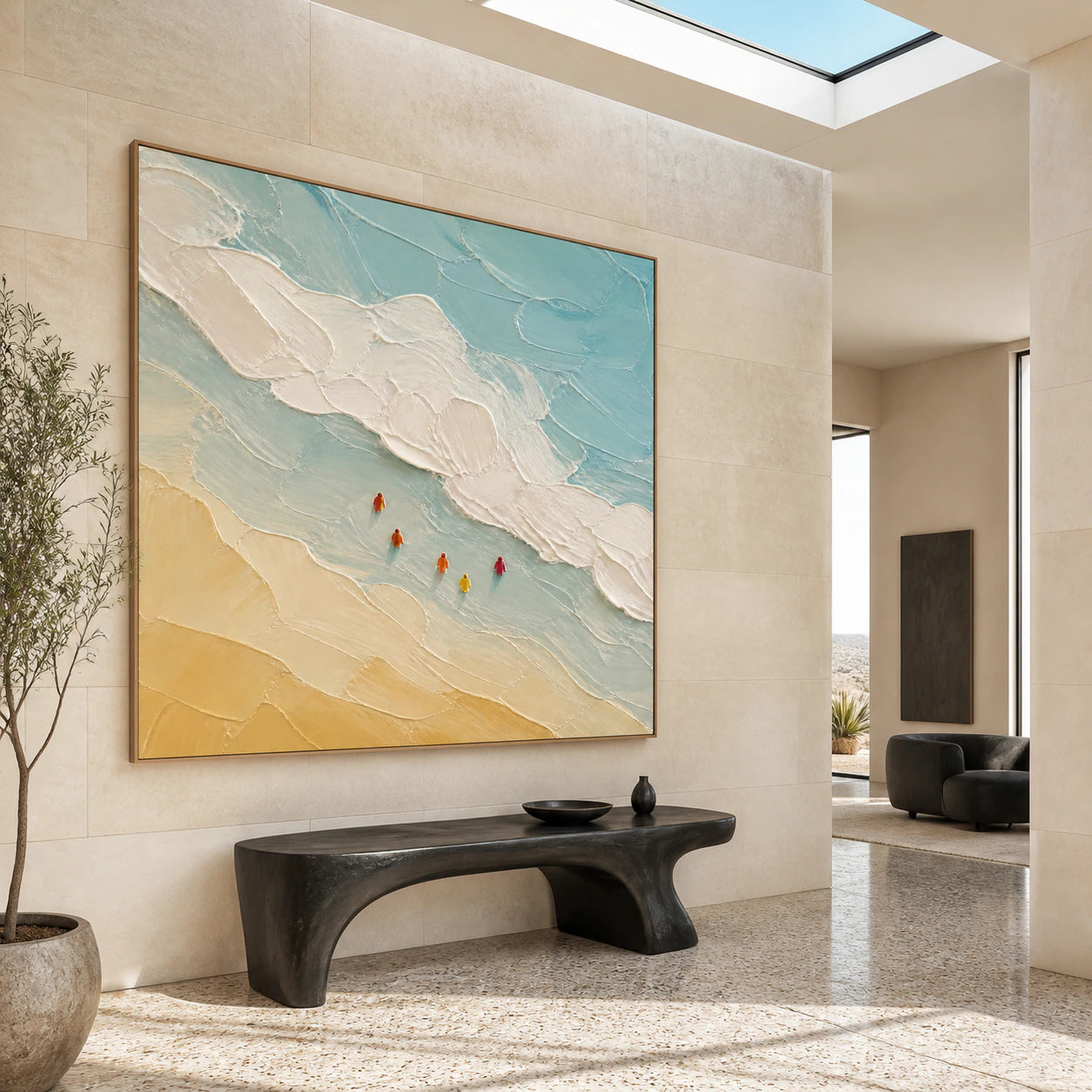 Tidal-Procession presented prominently in a gallery-scale stone foyer.