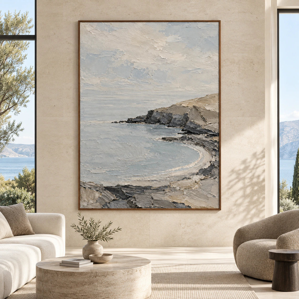 Large textured coastal abstract displayed straight-on in a bright, expansive architectural living space.