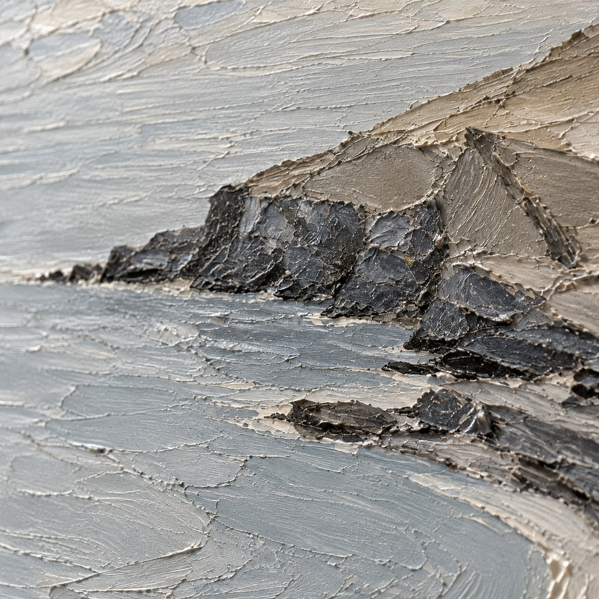 Tidal-Quiet oil painting brushwork and impasto detail photographed from an oblique side angle