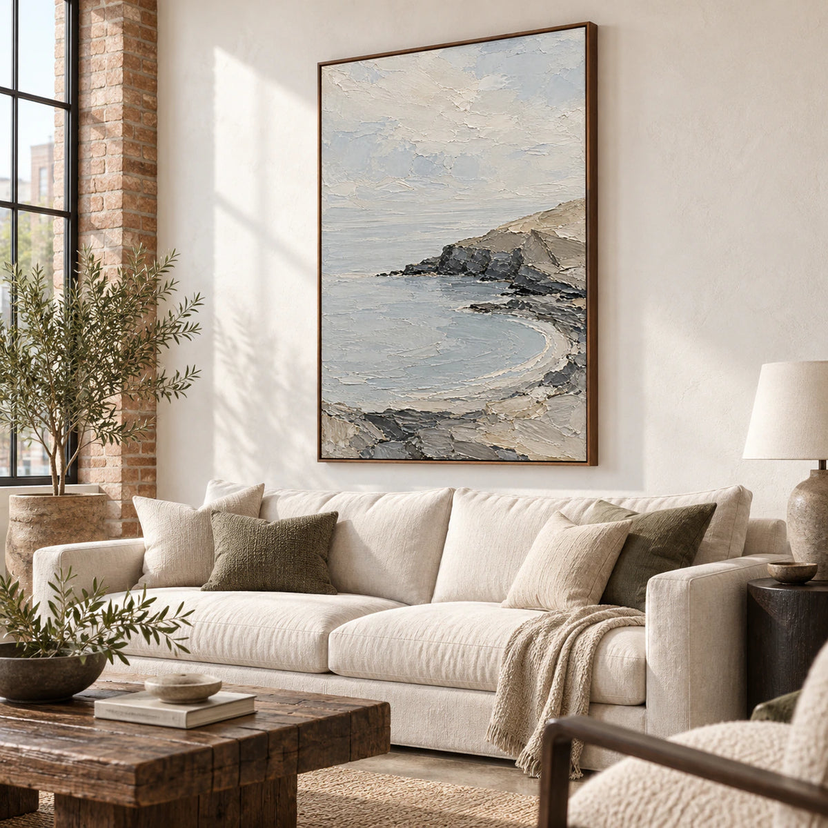 Textured blue-grey coastal abstract above a bright contemporary living room sofa.