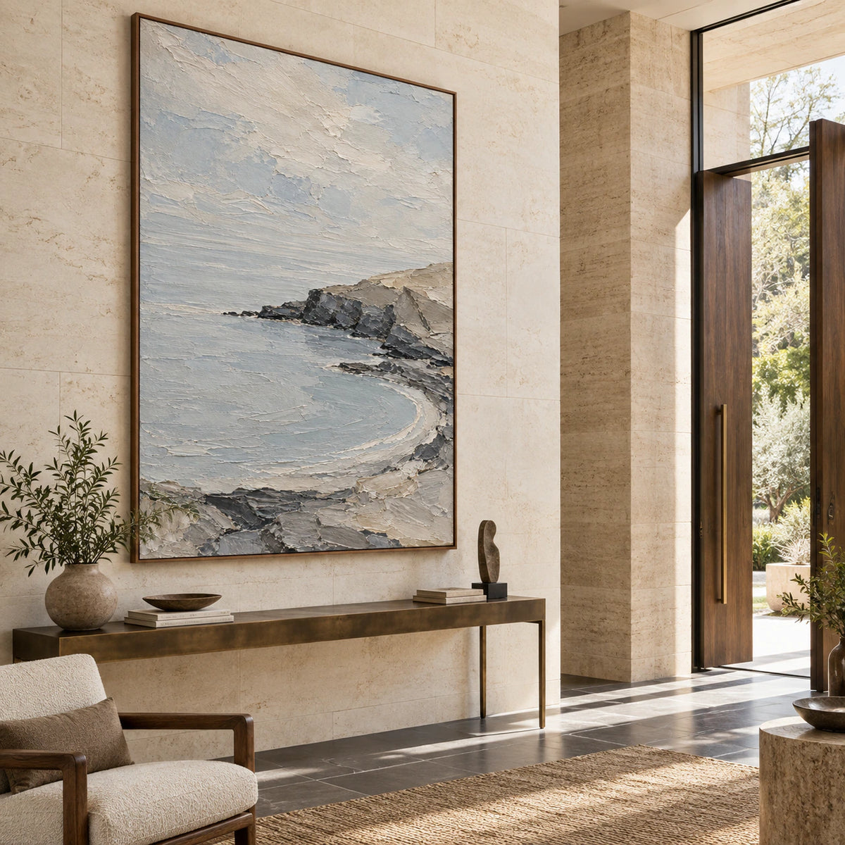 Large textured coastal abstract anchoring a gallery-scale daylight foyer.