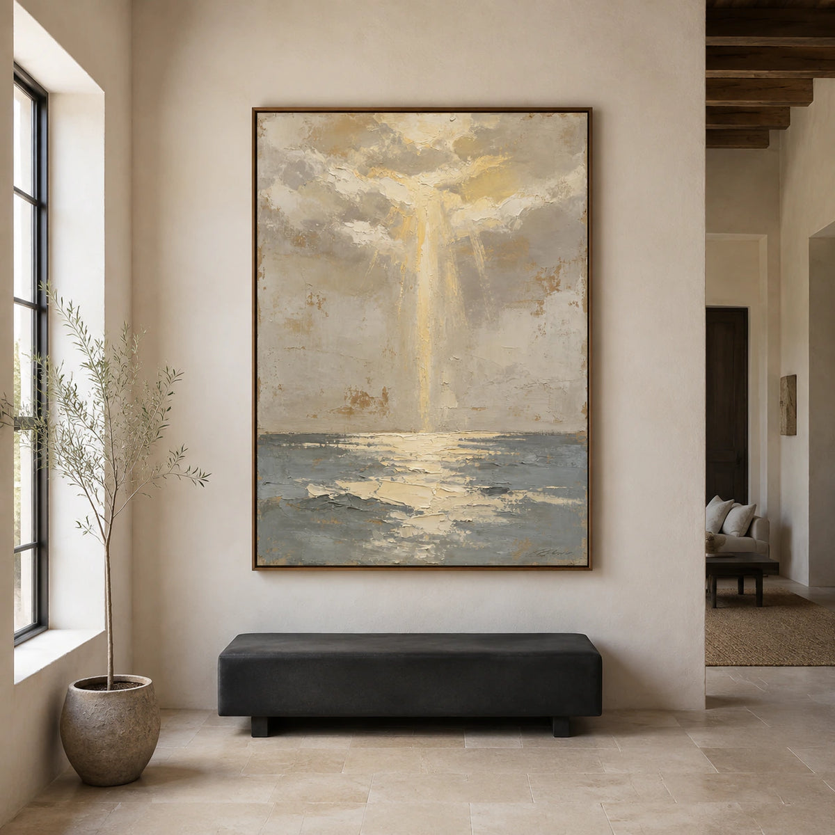 Tidal-Relic displayed at large scale on a pale plaster wall in a spacious, sunlit room.