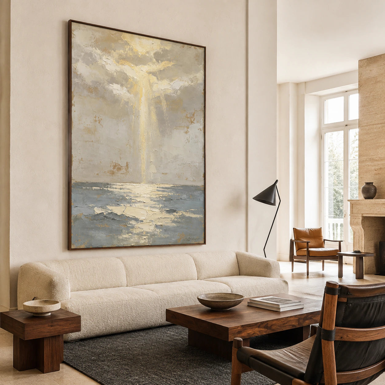 Tidal-Relic as a large focal point above a sofa in a bright contemporary living room.