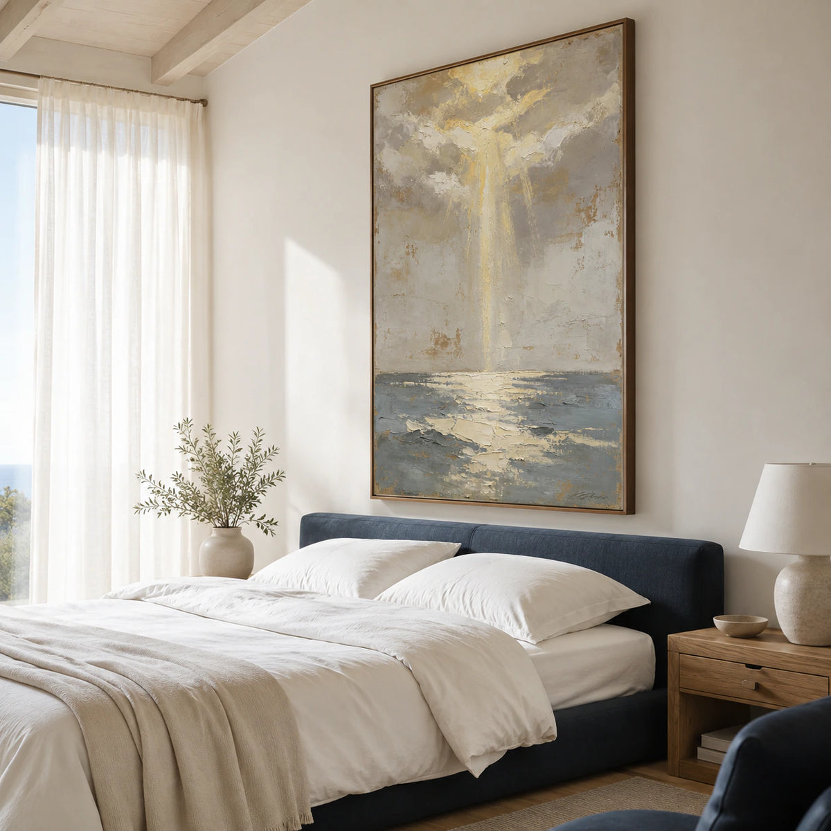 Tidal-Relic hanging at generous scale in a quiet, light-filled bedroom.