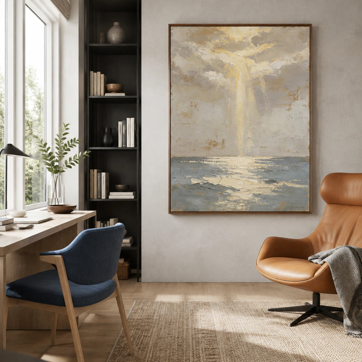 Tidal-Relic as the central artwork in an airy home office reading space.