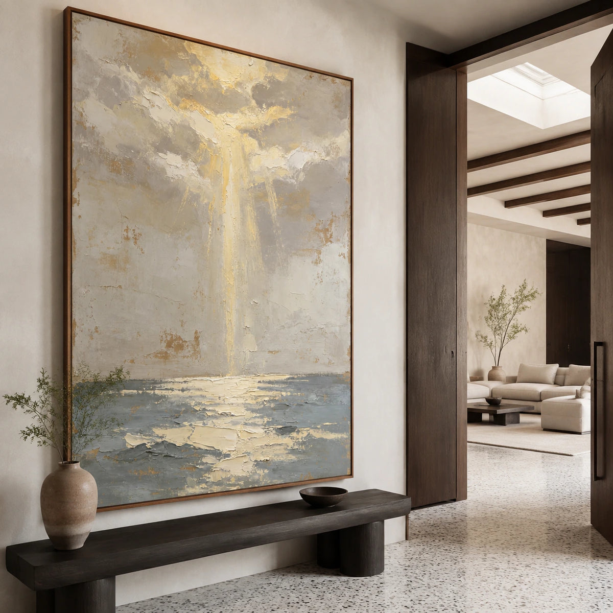 Tidal-Relic displayed at gallery scale in a bright architectural foyer.