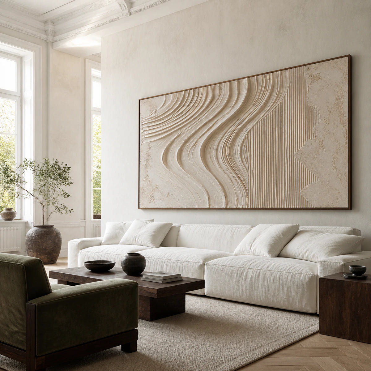 Tidal-Relief above a restrained sofa in a bright contemporary living room.