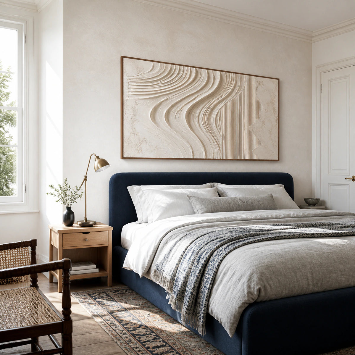 Tidal-Relief above a low bed in a quiet neutral bedroom.