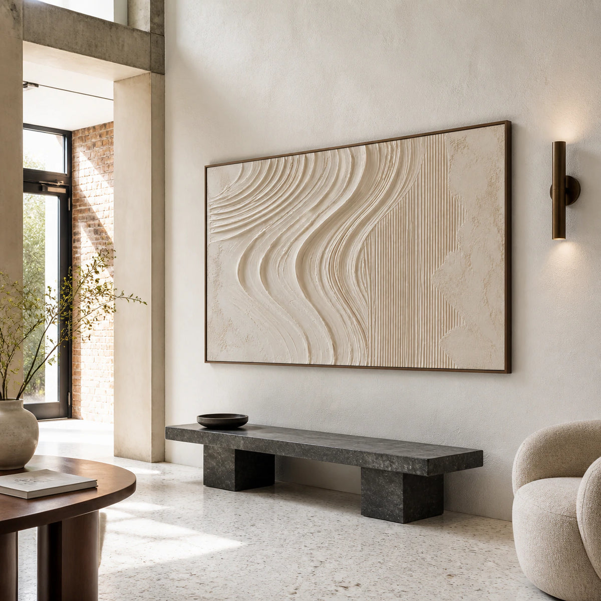 Tidal-Relief installed at gallery scale in a luminous foyer.