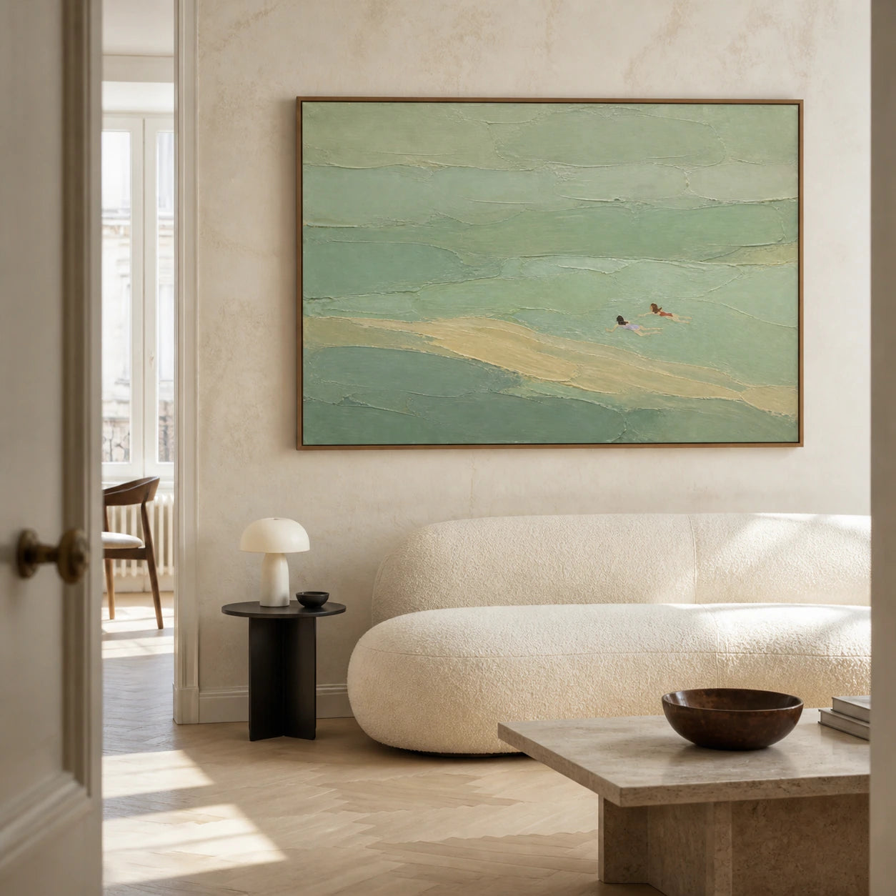 Tidal-Reverie above seating in a bright contemporary living room.