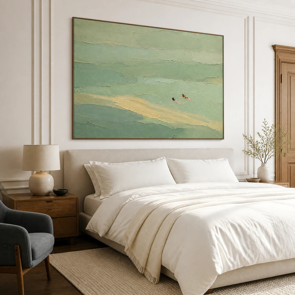 Tidal-Reverie above a bed in a quiet light-filled bedroom.