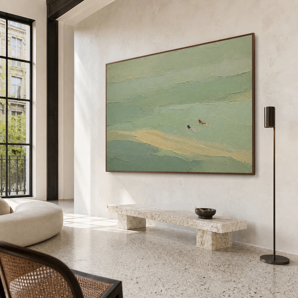 Tidal-Reverie at gallery scale in a bright architectural foyer.