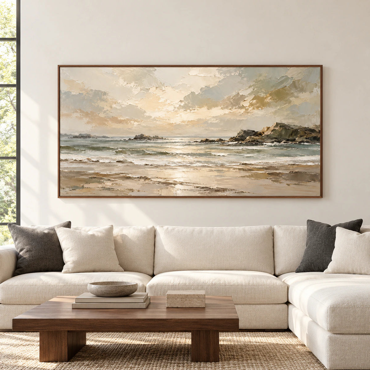 Large framed Tidal Shelf seascape displayed straight-on in a bright, spacious living room.