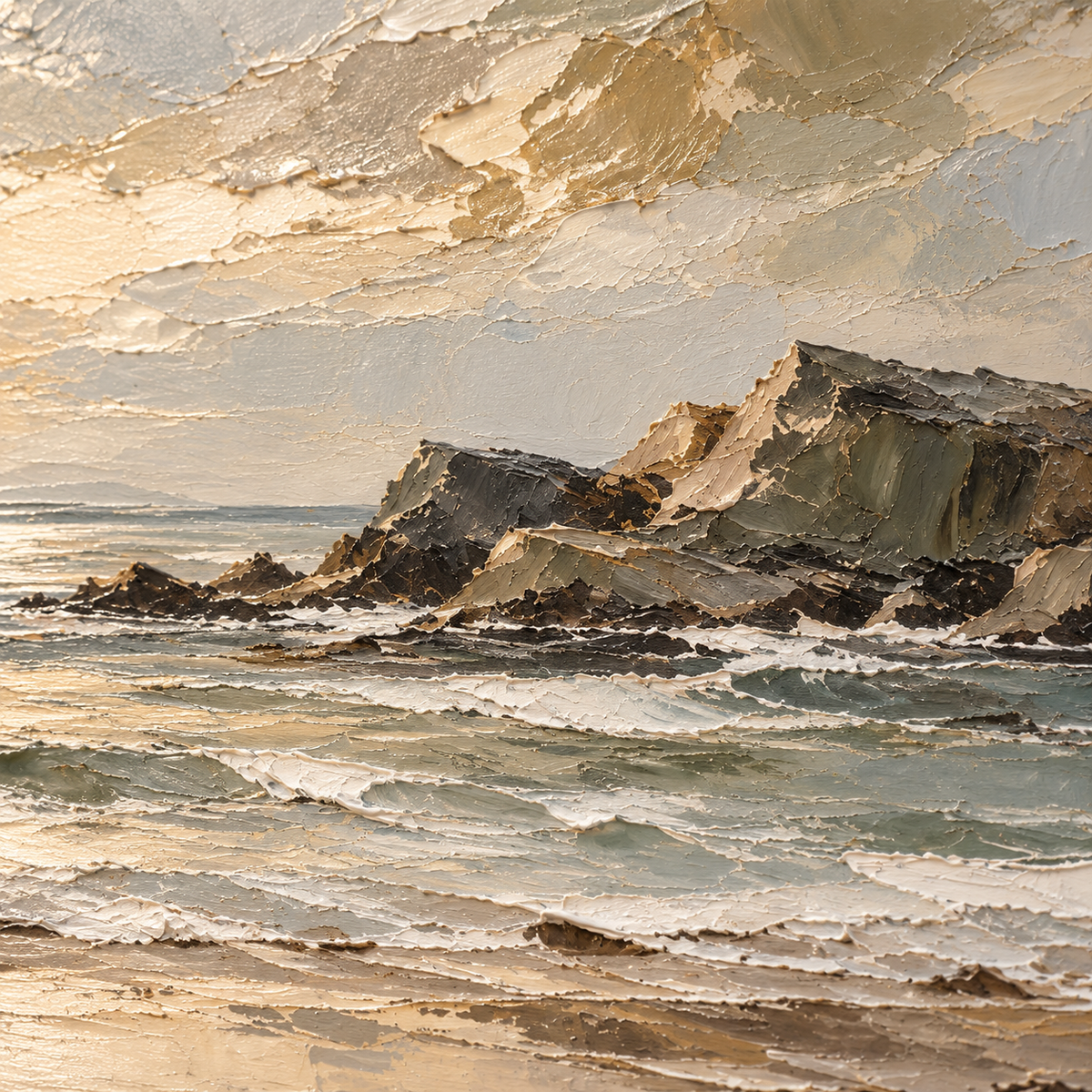 Tidal-Shelf oil painting brushwork and impasto detail photographed from an oblique side angle