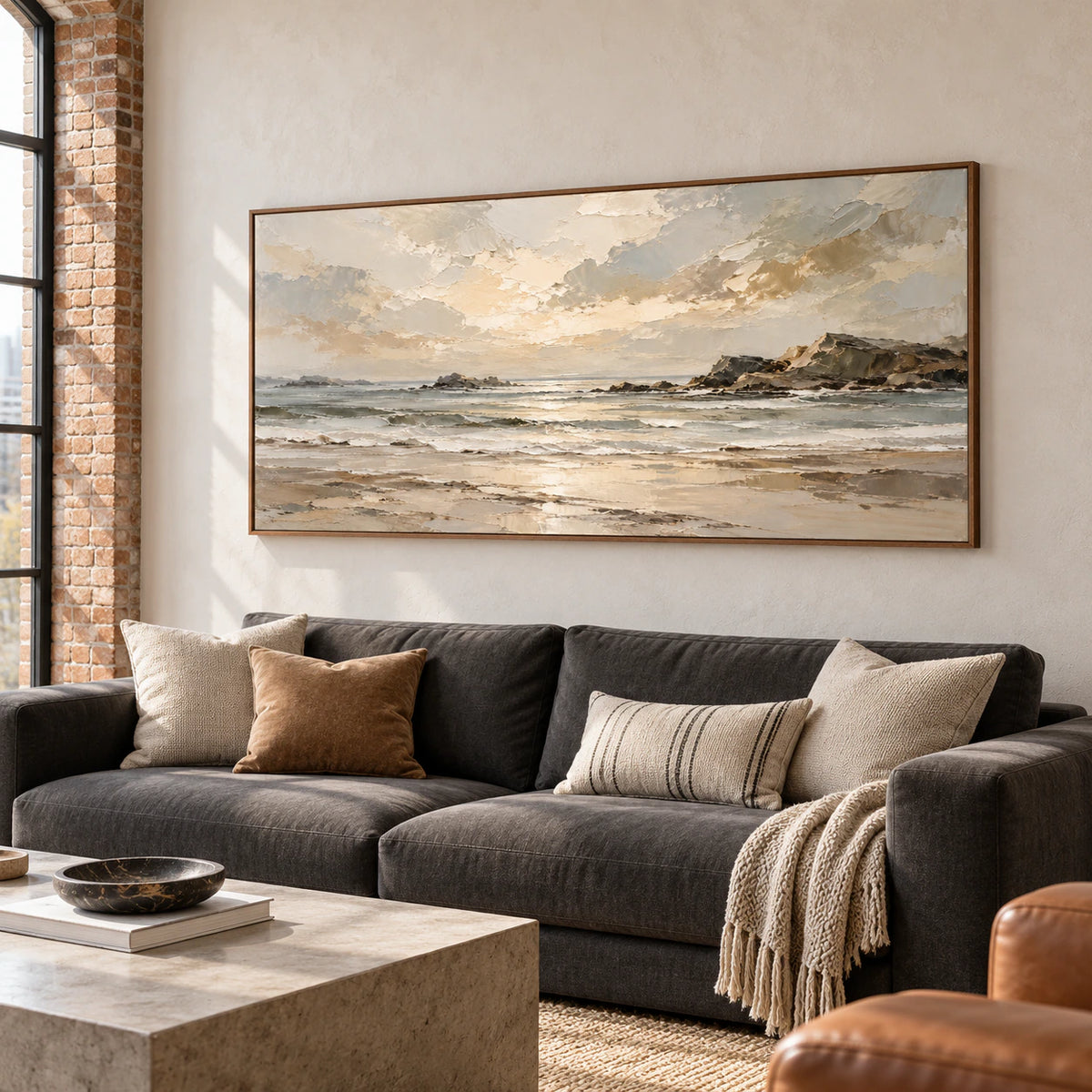 Tidal Shelf displayed above a charcoal sofa in a bright living room with pale walls and daylight.