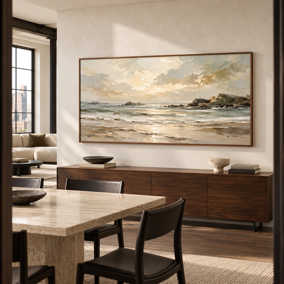 Tidal Shelf displayed in a refined dining room above a dark wood sideboard, viewed from the left.