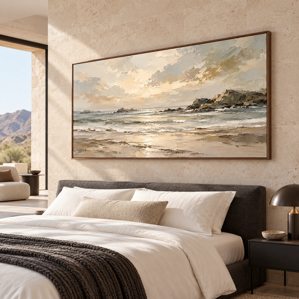 Tidal Shelf above a low bed in a quiet bedroom with crisp white linen and soft daylight.