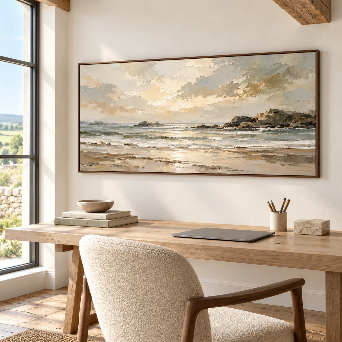 Tidal Shelf displayed in an airy home office beside a simple desk and a sunlit window.