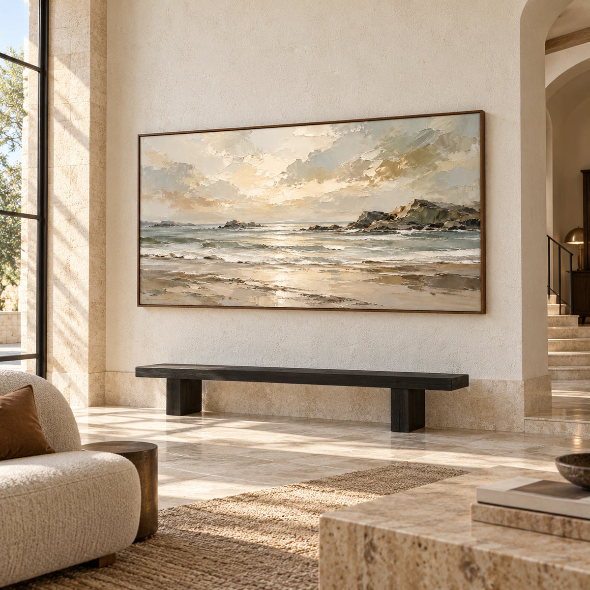 Tidal Shelf displayed at gallery scale in a bright, open foyer with a sculptural bench.