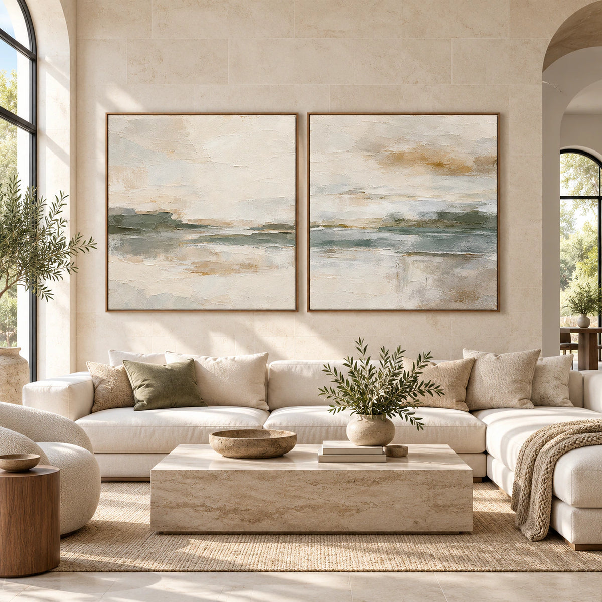 Large square textured diptych in slim walnut frames, hung straight-on in a spacious daylight interior.