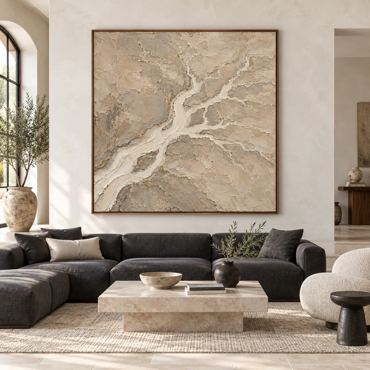 Tidal-Strata displayed at large scale in a spacious, light-filled architectural living room.