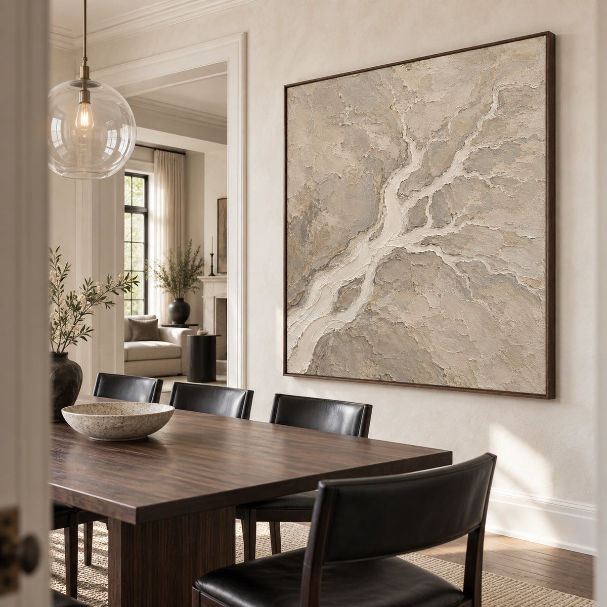 Tidal-Strata above a refined dining setting with natural daylight and sculptural furnishings.