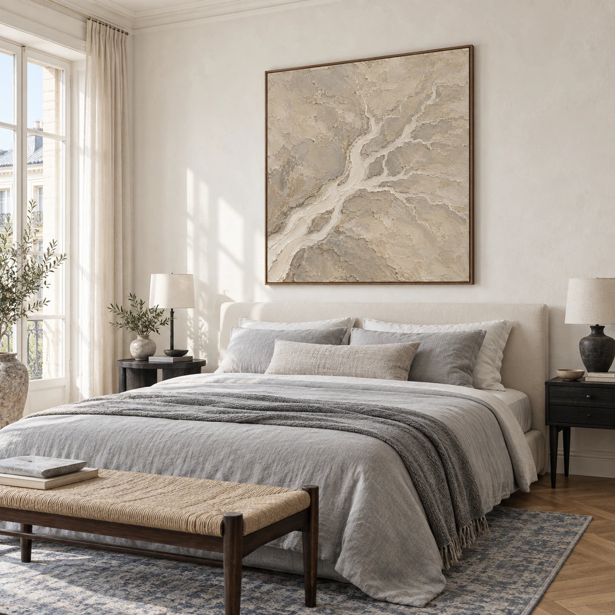 Tidal-Strata in a quiet, sunlit bedroom with restrained neutral furnishings.