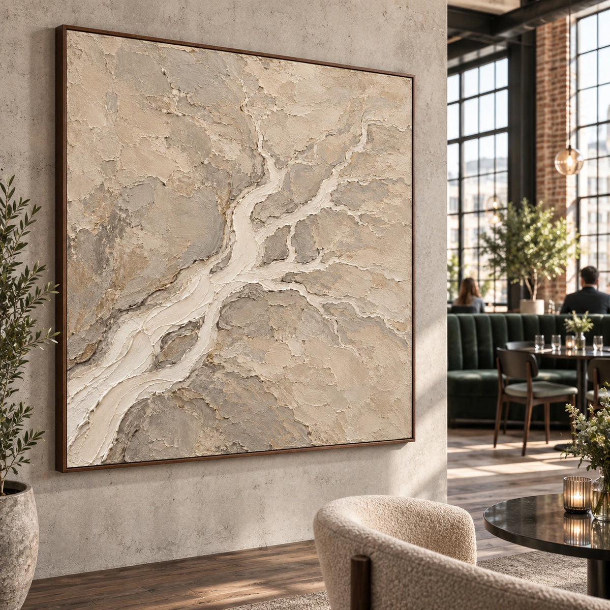 Tidal-Strata as a large focal artwork in an expansive loft hospitality interior.