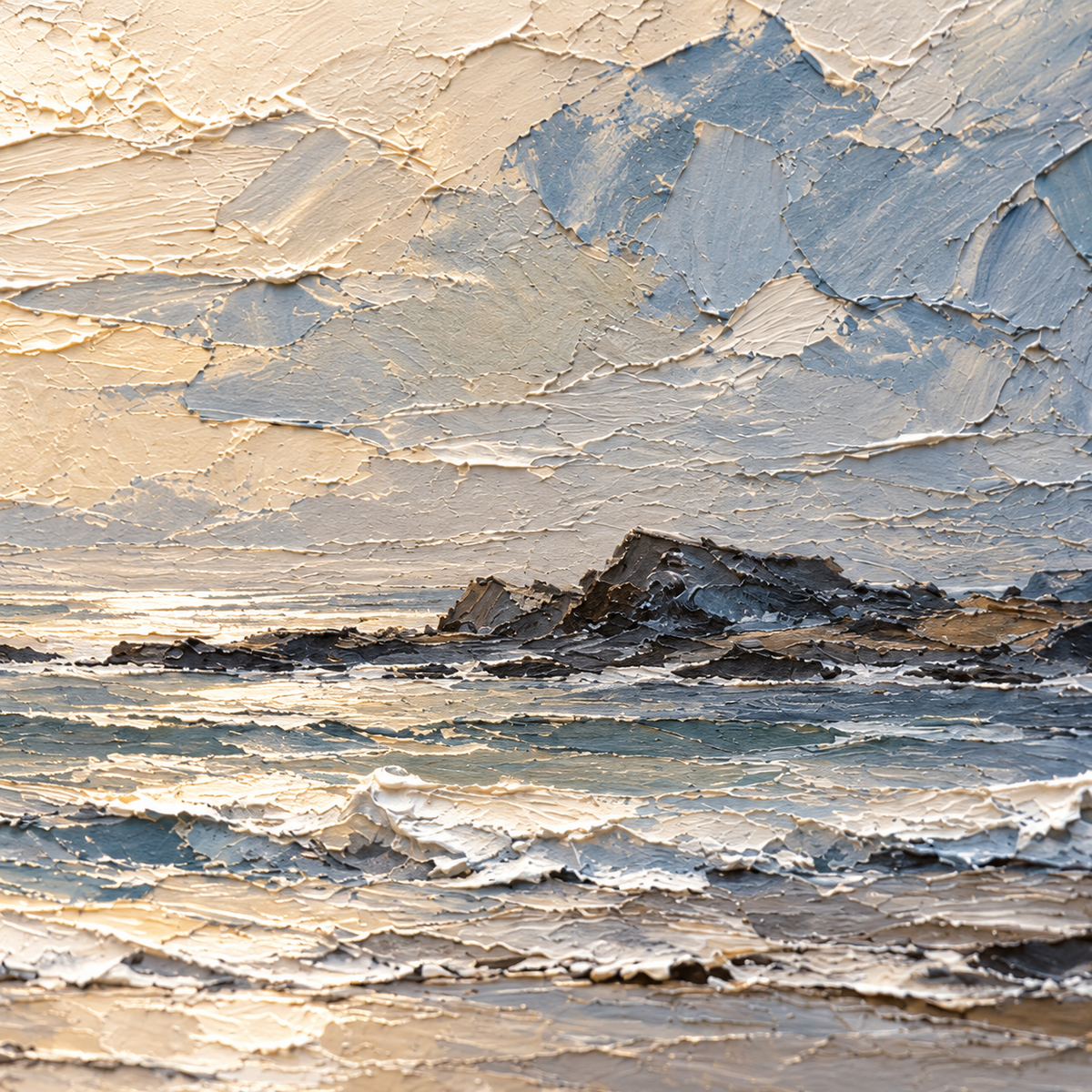 Oblique close-up of Tidal-Summit's raised paint strokes and ivory and blue-gray transitions, with grazing light revealing the impasto texture.