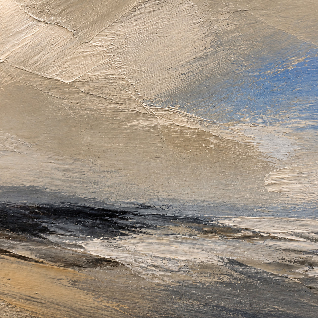 Tidal-Threshold oil painting brushwork and impasto detail photographed from an oblique side angle