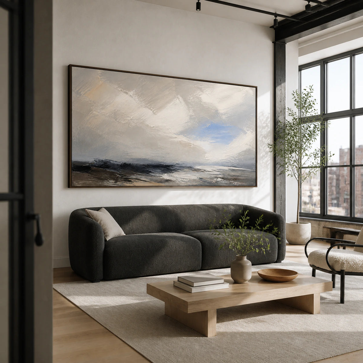 Tidal-Threshold above a restrained sofa in a sunlit contemporary living room.