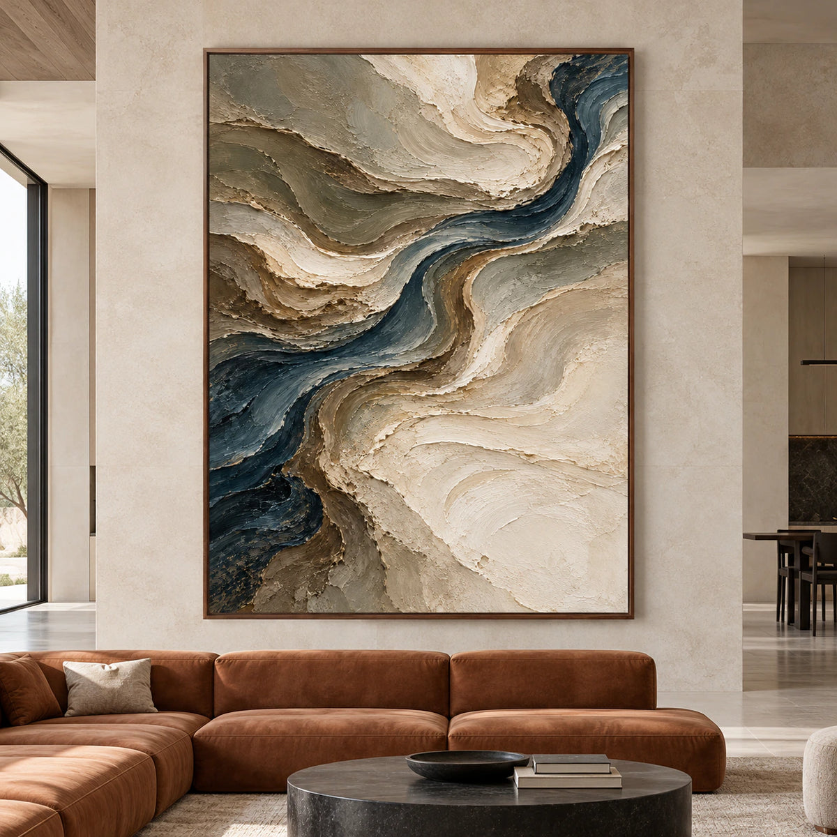 Large vertical abstract painting with blue-gray and warm neutral flowing ridges, displayed prominently in a spacious room.