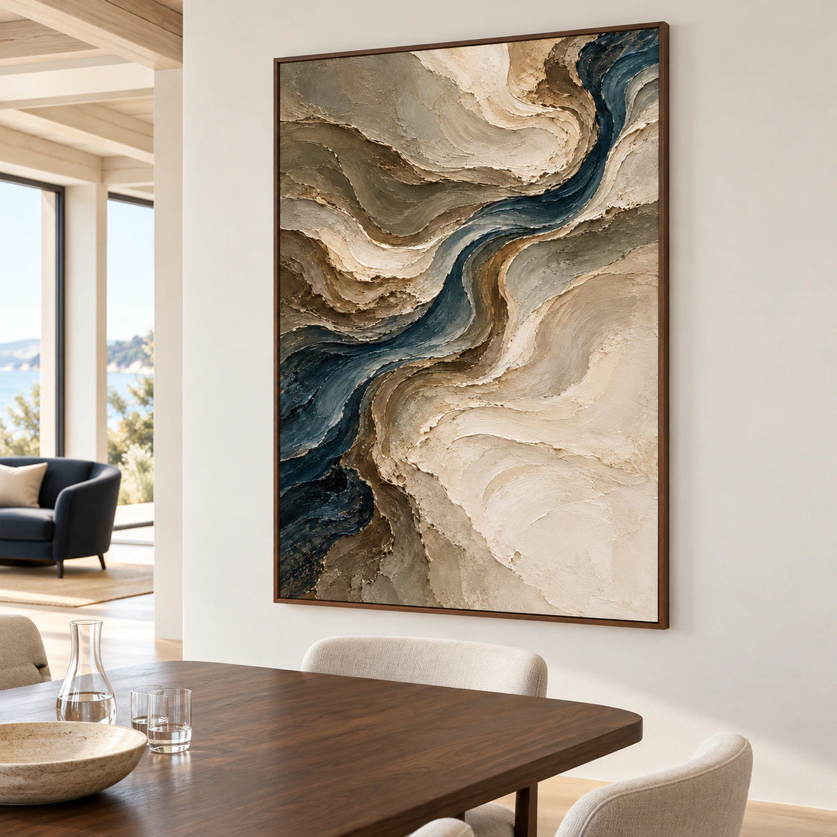 Large vertical abstract painting anchoring a refined dining room with a dark wood table, light chairs and generous daylight.