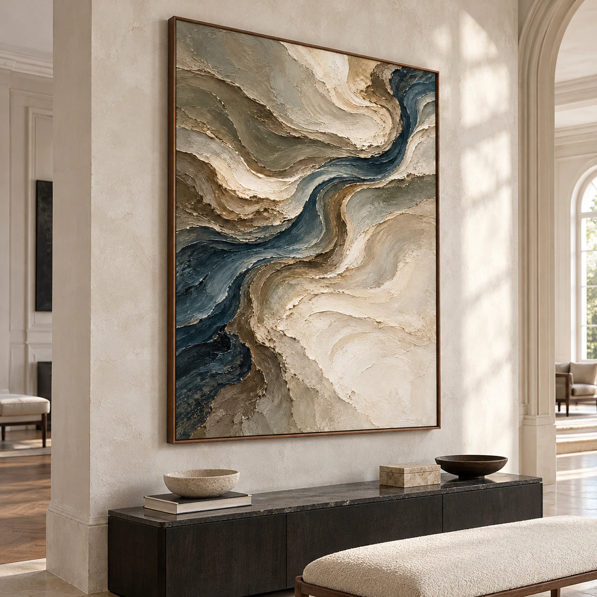 Gallery-scale vertical abstract artwork commanding a bright foyer with a stone floor and sculptural console.