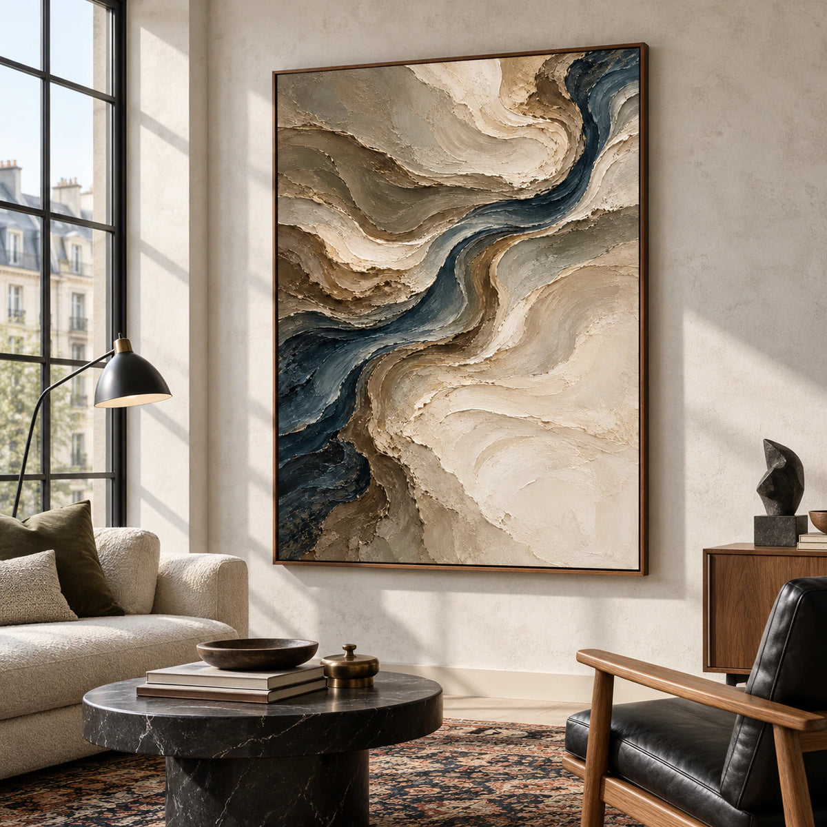 Oversized vertical painting featured in an expansive loft lounge with tall windows, understated furnishings and daylight.