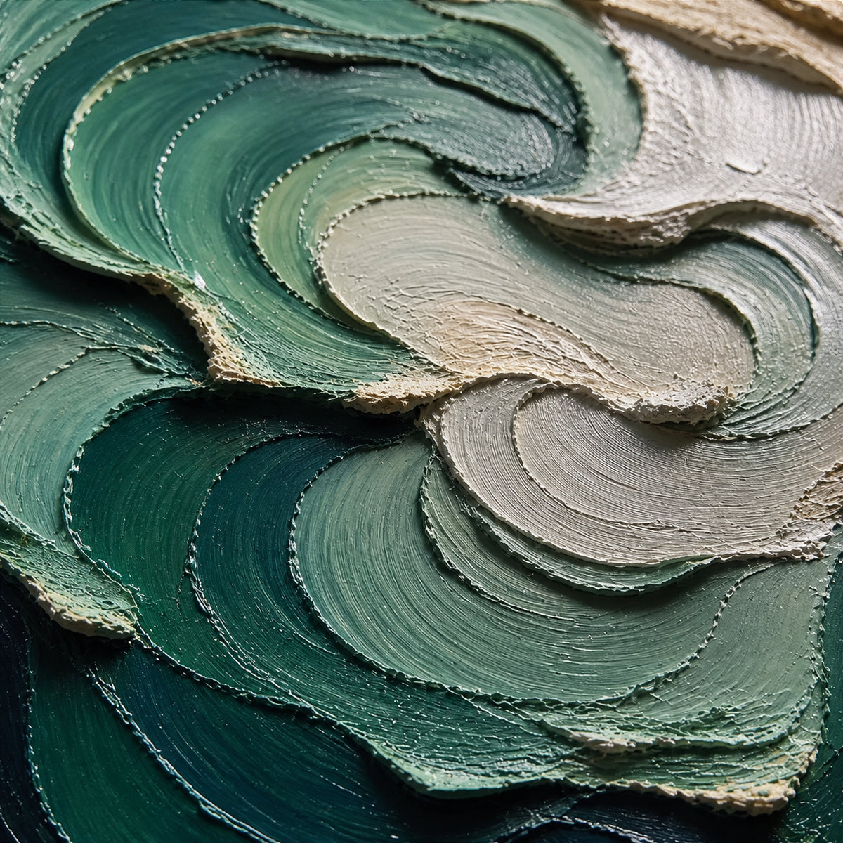 Tidal-Verdigris oil painting brushwork and impasto detail photographed from an oblique side angle