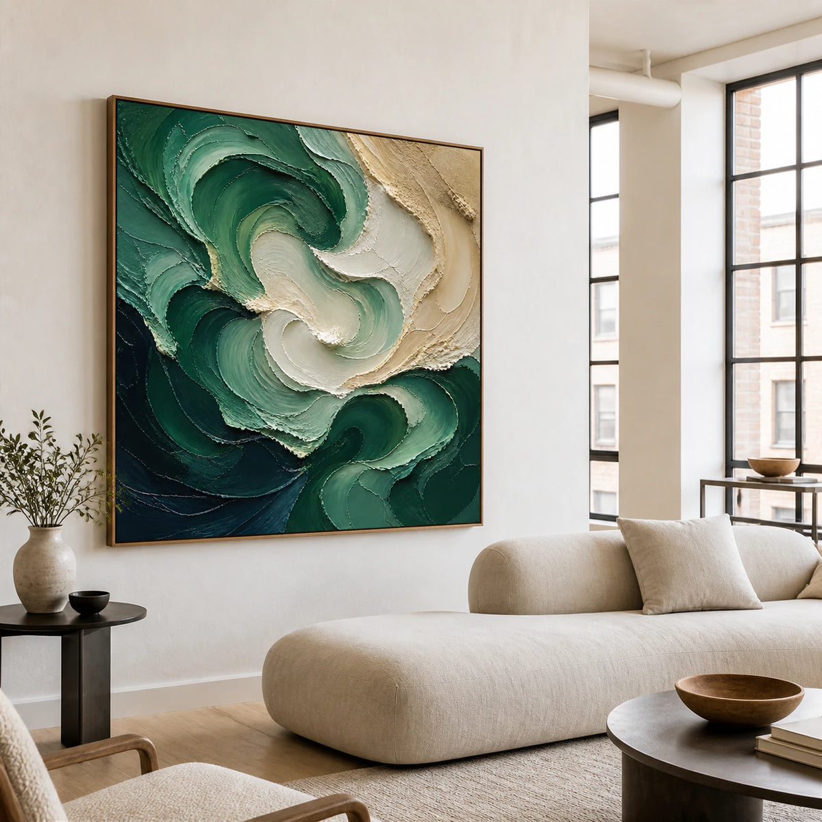 Tidal-Verdigris above a restrained sofa in a bright living room.