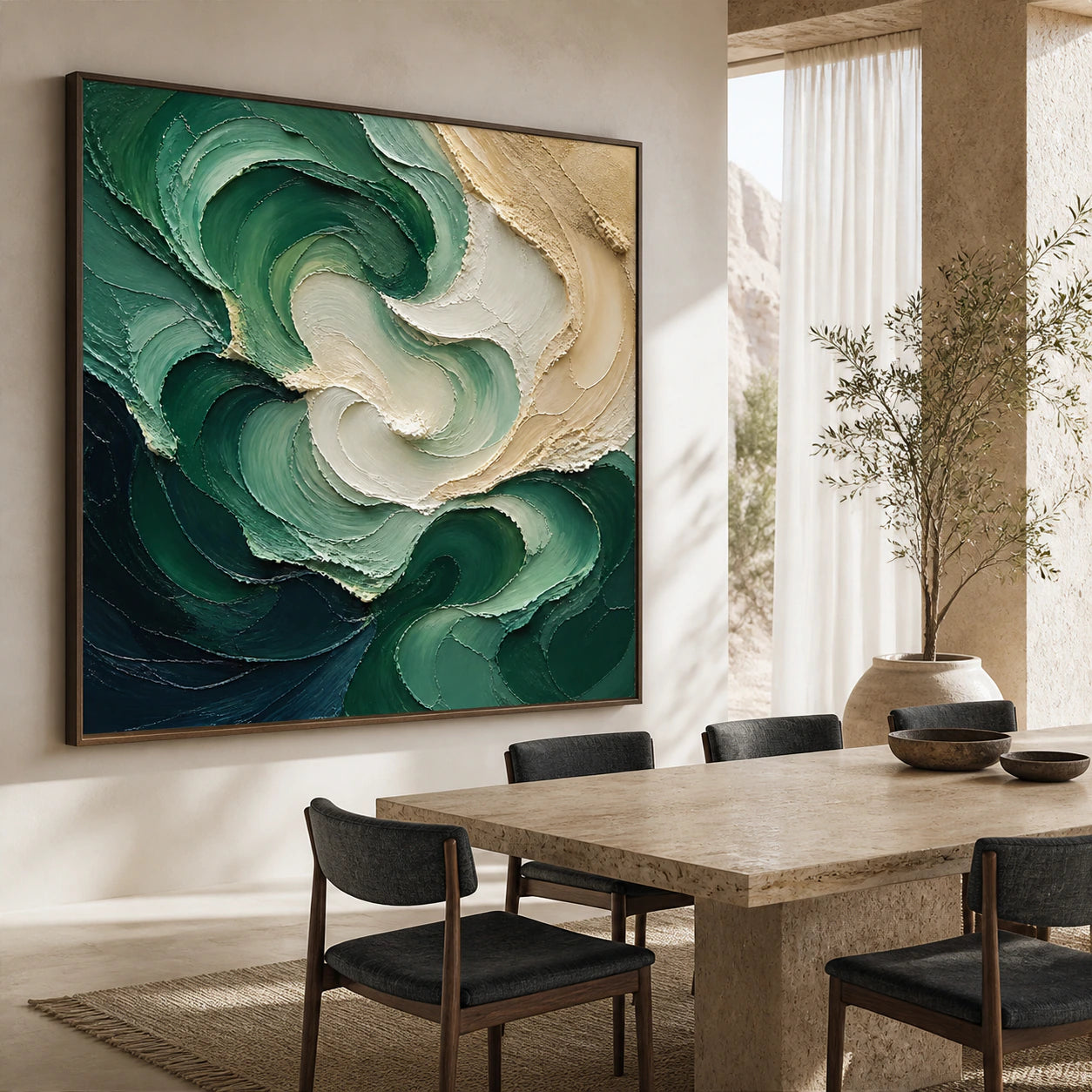 Tidal-Verdigris as the focal artwork in a refined daylight dining room.