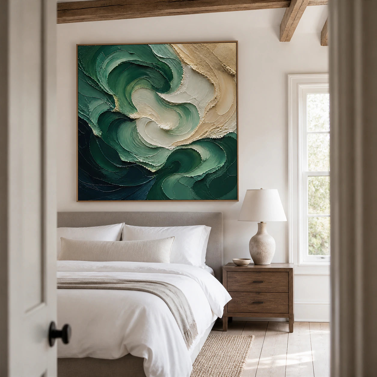 Tidal-Verdigris above a calm bed in a bright, quiet bedroom.