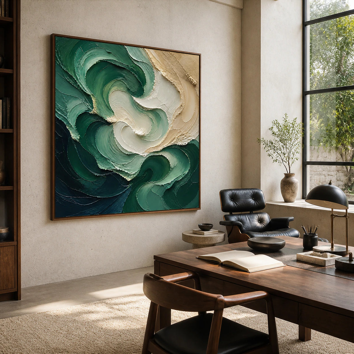 Tidal-Verdigris in an airy home office reading space with natural light.