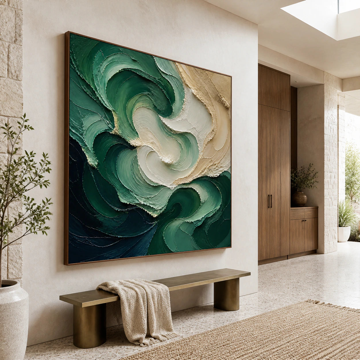 Tidal-Verdigris presented at gallery scale in a luminous foyer.