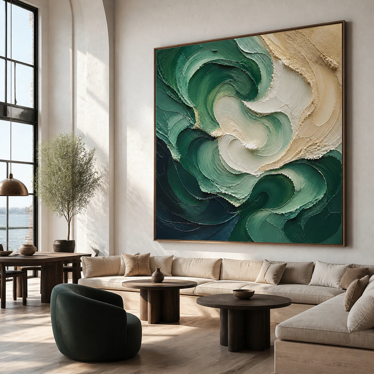 Tidal-Verdigris anchoring an expansive contemporary hospitality loft.