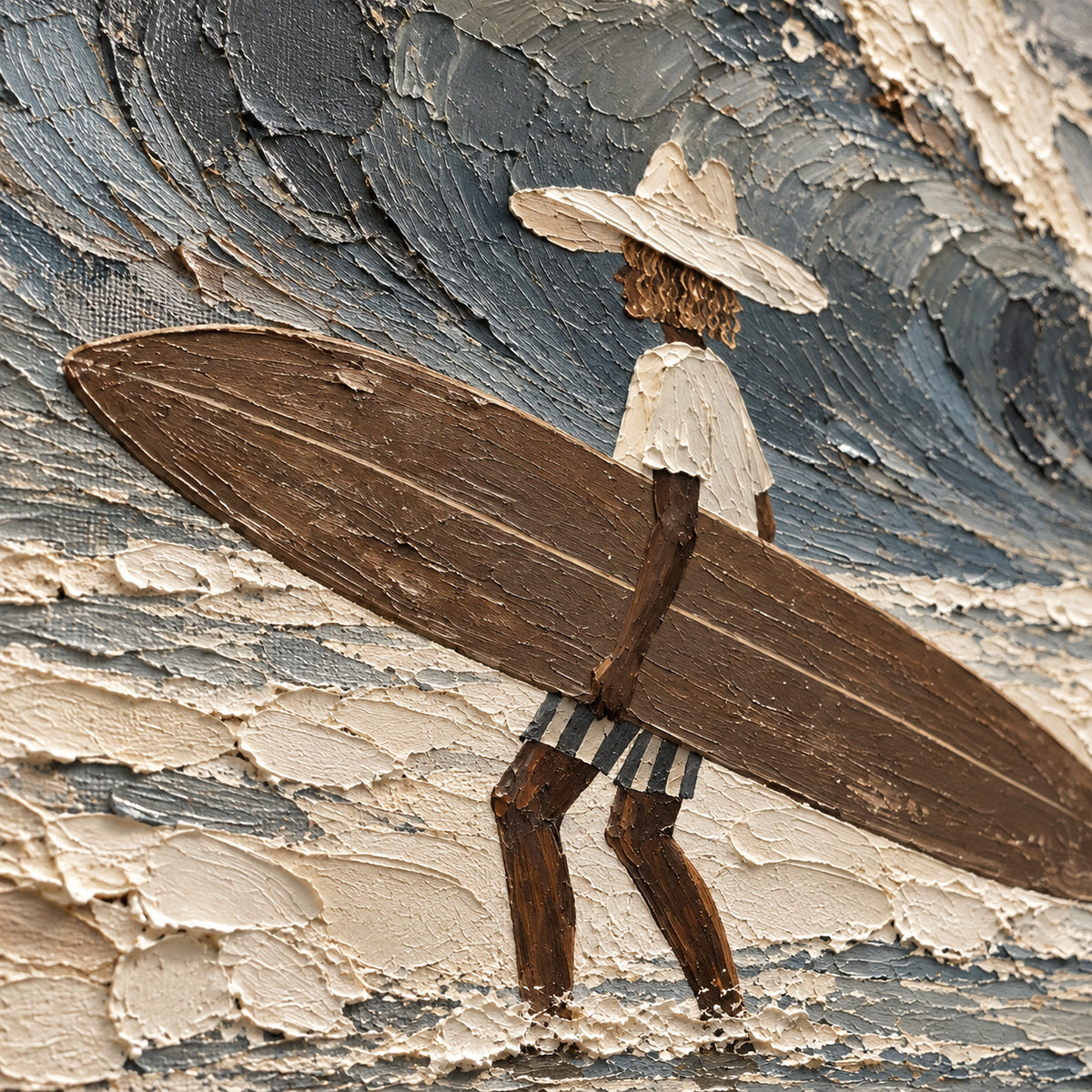 Tidal-Wayfarer oil painting brushwork and impasto detail photographed from an oblique side angle