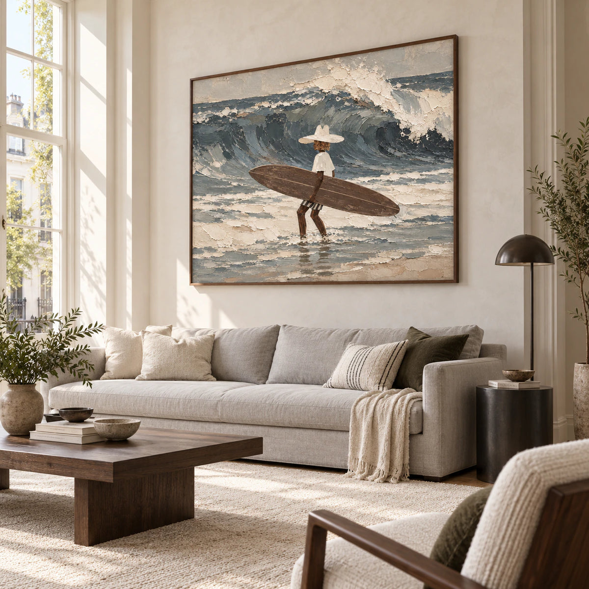 Tidal-Wayfarer above a restrained neutral sofa in a bright living room.