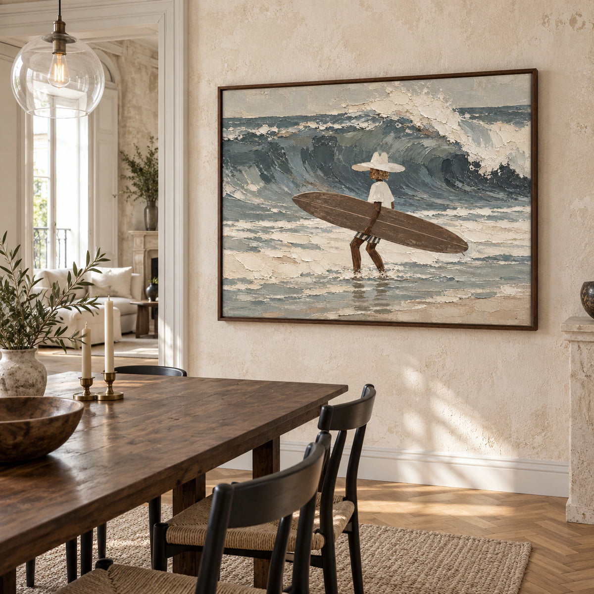 Tidal-Wayfarer as the focal artwork in a refined daylight dining room.